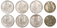Peru, Republic, Sols (3),1865yb, 1867yb, 1868yb, 4 Reales, 1844, all Lima (KM 151, 196) [4]. The first three...
