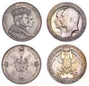 Germany, Prussia, Wilhelm I, Thaler, 1861, Coronation, Berlin (Dav. 778; Jaeger 87; KM 488); Wilhelm II, 3 Mark,...