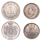 Romania, Carol I, 2 Lei, 1875, Leu, 1914, flat edge rim, both Brussels (KM 8, 42) [2]. Both very fine or a little...
