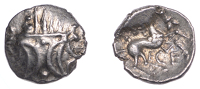British Iron Age, ICENI, Ecen (c. AD 10-43), silver Unit, Six type, double crescent emblem on vertical wreath, rev....