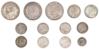 Serbia, Milan Obrenović IV, 5 Dinars (3), all 1879, 2 Dinars (2), both 1879, Dinar (7), 1875, 1879 (6), 50 Para,...