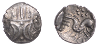British Iron Age, ICENI, Ecen (c. AD 10-43), silver Unit, Retro type, double crescent emblem on vertical wreath,...