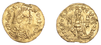 VISIGOTHIC COINAGE, Theoderic, Tremissis, Rome, c. 493-526, in the name of Anastasius I, pearl-diademed, draped and...
