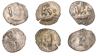 British Iron Age, DUROTRIGES, Uninscribed issues, silver Quarter Staters (3), Duro Boat Dots type, three men in a...