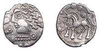 British Iron Age, CANTII, Uninscribed issues, silver Unit, Muzzles type, head left with S-shape curls of hair,...