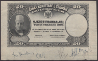 National Bank of Albania, obverse die proof for 20 Franka Ari, ND (1926), manuscript dates and signatures in margin,...