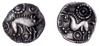 British Iron Age, CORIELTAUVI, Uninscribed issues, silver Unit, Proto Boar type, boar right, curly tail, large...