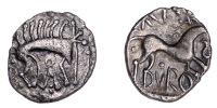 British Iron Age, ICENI, Cani Duro (c. AD 10-20), silver Unit, Cani Duro type, stylised boar right, long bristles...