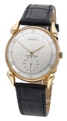 Rolex. A gold wristwatch with tear drop lugs, circa 1940.
Movement: manual winding, 15 jewels.
Dial: silvered,...