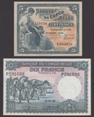 Banque du Congo Belge, 5 Francs, 10 March 1944, serial number U250856, also 10 Francs, 11 November 1948, serial...