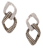 A pair of diamond earrings, modelled as two curb links, one set with brilliant-cut diamonds, the other with...