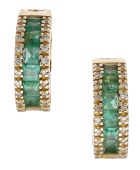 A pair of emerald and diamond hoop earrings, channel-set to the front with square-cut emeralds bordered by...