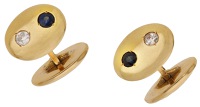 A pair of mid 20th century sapphire and diamond cufflinks by K & E Carlson, the oval panels each set with a...