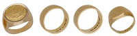 Four rings, comprising an 18ct gold signet ring, two plain polished bands and a coin ring set with a pseudo Turkish...