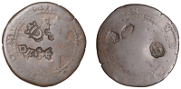 Malta, Jean de la Valette, copper Four Tari, 1567, Fort St. Angelo (Birgu) mint, with countermarks (7), viz....