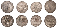 British Iron Age, DUROTRIGES, Uninscribed issues, billon Staters (4), Spread Tail type, devolved head of Apollo,...