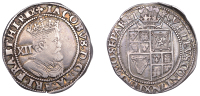 James I (1603-1625), Third coinage, Shilling, sixth bust, mm. trefoil, plume over shield, reads ma bri fra and hi,...