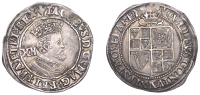 James I (1603-1625), Third coinage, Shilling, sixth bust, mm. lis, plume over shield, reads iacobvs, mag, bri and...