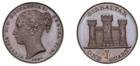 Gibraltar, Victoria, Proof Quart, 1841/0, edge plain, 5.08g/6h (Prid. 5; KM 2). Toned with a chocolate-brown patina,...