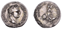 Vitellius (69), Denarius, Tarraco, 69, laureate head right, globe at point of neck, palm in front, a vitellivs imp...