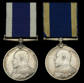 Royal Navy L.S. & G.C., E.VII.R. (2) (277162 William Heaton, Sto. P.O., H.M.S. Leander.; 119206. James Symes, Comd....