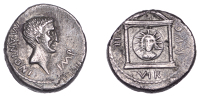 The Second Triumvirate, Mark Antony, Denarius, military mint in Greece, 42, bearded bare head of Mark Antony right,...