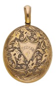 A late 19th century gold ‘Mizpah’ locket, engraved throughout with foliate decoration, the front with...