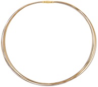 An 18ct gold multi strand necklace, the wirework hoops of bicolour design, London hallmark, length 42cm. 	 £800-£1,200