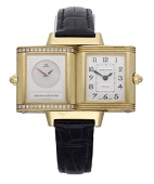 Jaeger-LeCoultre. A lady’s gold dual dialled rectangular wristwatch, Ref. 266.1.44, Reverso, Duetto, circa...