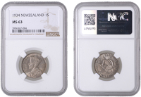 New Zealand, George V, Shilling, 1934, London (KM 3). Cabinet toning, good extremely fine [Graded by NGC as MS 63]	...