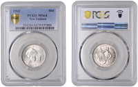 New Zealand, George VI, Shilling, 1942, London (KM 9). Lustrous, mint state, scarce [Graded by PCGS as MS 64]	...