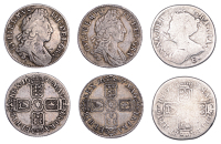 William III, Shillings (2), both 1697, third bust variety (ESC 1132; S 3511); Anne, Shilling, 1707E*, second bust,...