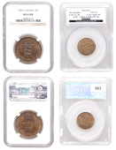 GUERNSEY, Victoria, 8 Doubles, 1889h (Prid. 20; S 7206); George V, 2 Doubles, 1917h (S 7216A) [2]. Both toned, good...