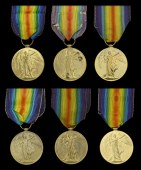 Victory Medal 1914-19 (6) (2877 Pte. W. T. Jones. Montgom. Yeo.; 10581 Pte. A. Filsell. R.W. Fus.; 5072 Pte. C....