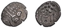 British Iron Age, DUROTRIGES, Uninscribed issues, silver Stater, Spread Tail type, devolved head of Apollo,...