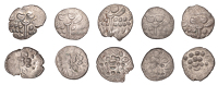 British Iron Age, DUROTRIGES, Uninscribed issues, silver Staters (5), Spread Tail type, devolved head of Apollo...