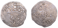 Charles I (1625-1649), Carlisle, Shilling, 1645, c r crowned dividing trefoil of pellets, value below, rev. obs carl...