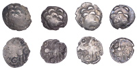 British Iron Age, REGINI, Uninscribed issues, silver Units (4), Lyre type, heavy bust right, two thin linked...
