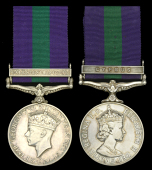 General Service 1918-62, 1 clasp (2), Palestine 1945-48 (14134344 Sigmn. R. Hughes. R.Sigs.); Cyprus (14476242 Sgt....