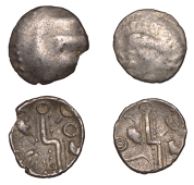 British Iron Age, DUROTRIGES, Uninscribed issues, silver Quarter Staters (2), Badbury Rat type, trace of 'three men...