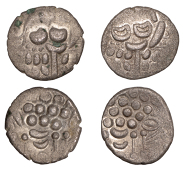 British Iron Age, DUROTRIGES, Uninscribed issues, silver Staters (2), Spread Tail type, devolved head of Apollo,...