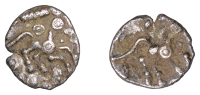 British Iron Age, CATUVELLAUNI, Uninscribed issues, silver Half Unit, Harlow Horses type, annulate horse right, two...