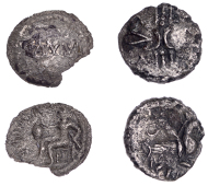British Iron Age, CATUVELLAUNI, Tasciovanus (c. 25 BC - AD 10), silver Unit, Capricorn type, crossed wreath and two...