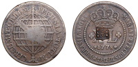 Brazil, Maria I and Pedro III, 80 Réis, c. 1809, countermarked on 40 Réis, 1778, Lisbon (KM 289; KM 203 for host...