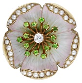 A late 19th - early 20th century enamel flower jewel, the petals decorated with  graduated pale pink - white enamel...