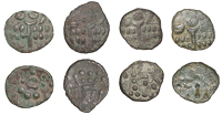 British Iron Age, DUROTRIGES, Uninscribed issues, bronze Staters (4), Hod Hill type, wreath, cloak and crescents,...