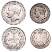 Serbia, Milan Obrenović IV, 2 Dinars, 1879, Dinar, 1875 (KM 5, 11) [2]. The first cleaned, fine; the second...