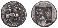 Macedonia, Potidaia, Tetradrachm, c. 550, a British Museum electrotype, horseman right, holding trident, star below,...