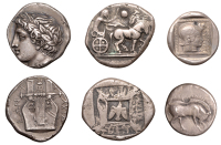 Lesbos, Methymna, Didrachm, c. 500, a British Museum electrotype, boar butting right, rev. helmeted head of Athena...