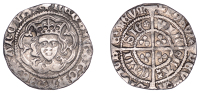 Henry VI (First reign, 1422-1461), Annulet/Rosette Mascle issue mule, Halfgroat, Calais, mm. cross I/V, nine arcs to...